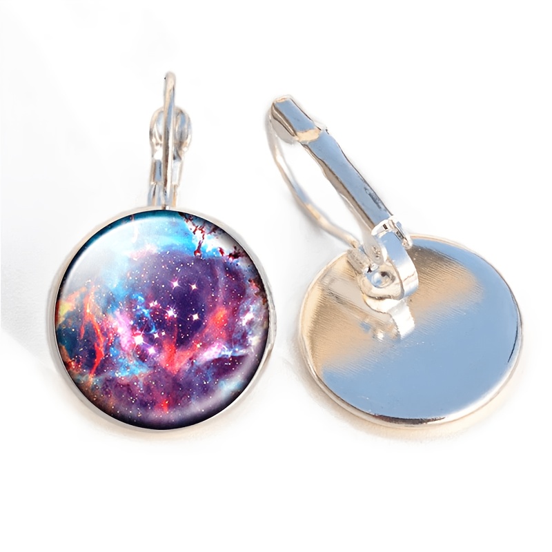2pcs Round Glass Inlaid Base Earrings, Cosmic Nebula Design